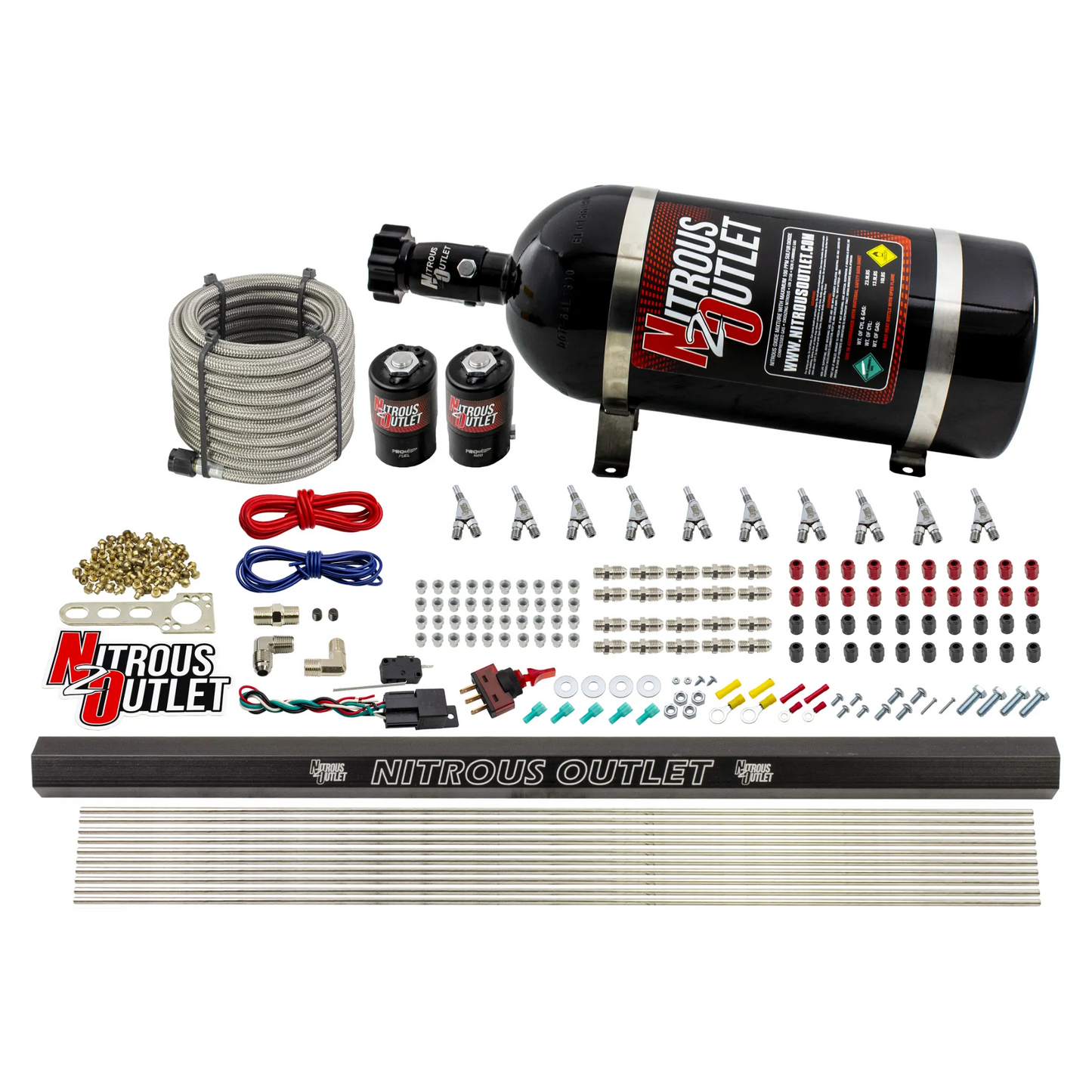 10 Cylinder Wet Direct Port System With Single Injection Rail - Gas - .122" Nitrous/.310" Fuel - Straight Blow Through Aluminum Nozzles