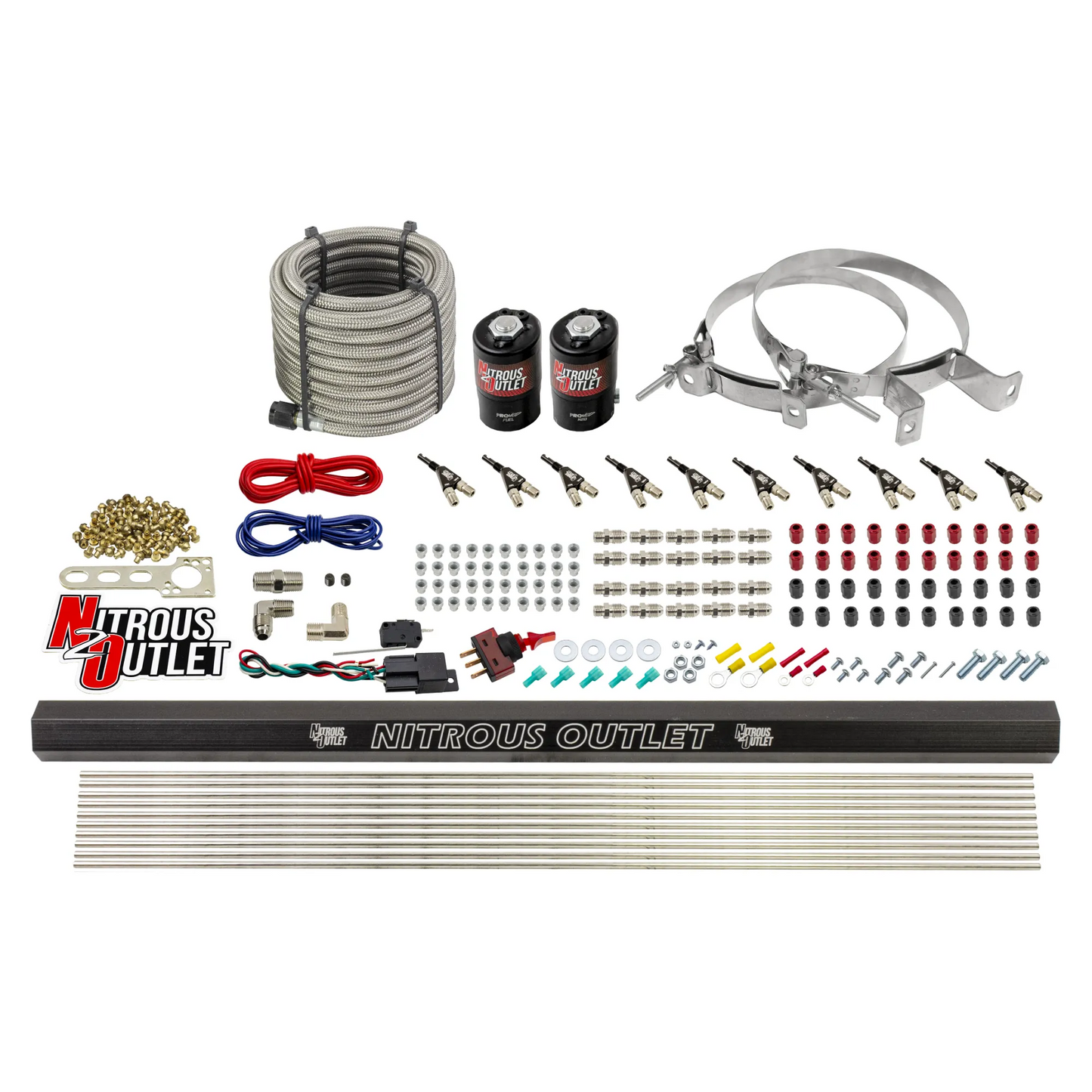 10 Cylinder Wet Direct Port System With Single Injection Rail - E85 (45-55 PSI)  - .122" Nitrous/.310" Fuel - 90° Aluminum Nozzles