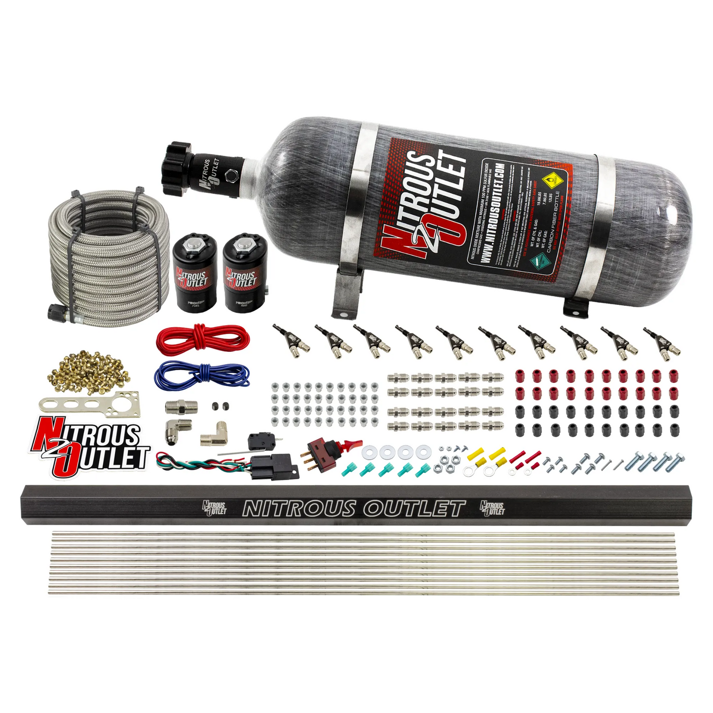 10 Cylinder Wet Direct Port System With Single Injection Rail - Gas (45-55 PSI)  - .122" Nitrous/.310" Fuel - 90° Aluminum Nozzles