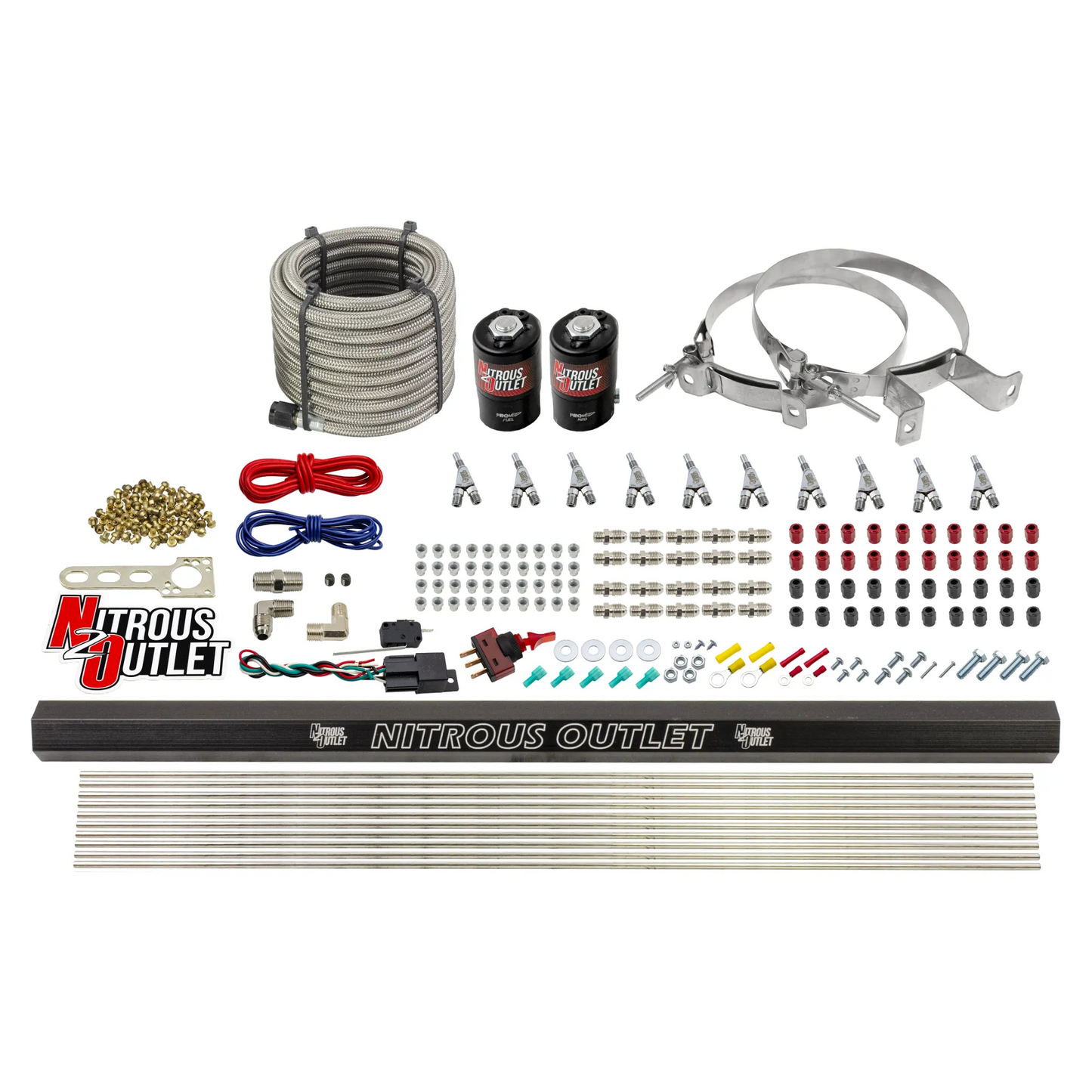 10 Cylinder Wet Direct Port System With Single Injection Rail - Gas (45-55 PSI) - .122" Nitrous/.310" Fuel - Straight Blow Through Aluminum Nozzles