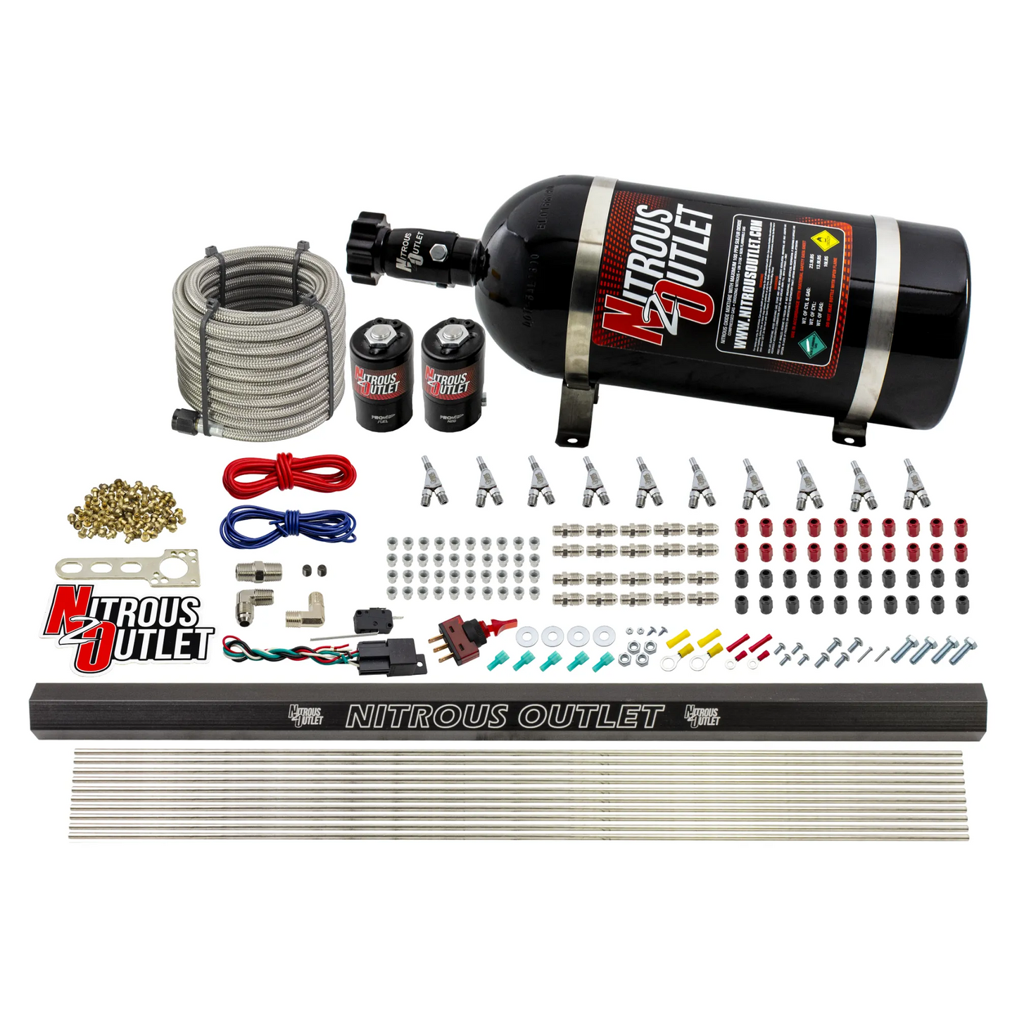 10 Cylinder Wet Direct Port System With Single Injection Rail - Gas (45-55 PSI) - .122" Nitrous/.310" Fuel - Straight Blow Through Aluminum Nozzles