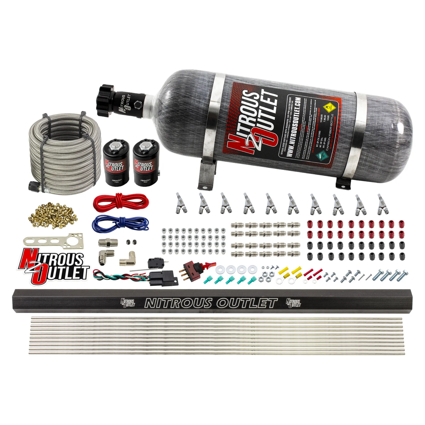 10 Cylinder Wet Direct Port System With Single Injection Rail - Gas (45-55 PSI) - .122" Nitrous/.310" Fuel - Straight Blow Through Aluminum Nozzles