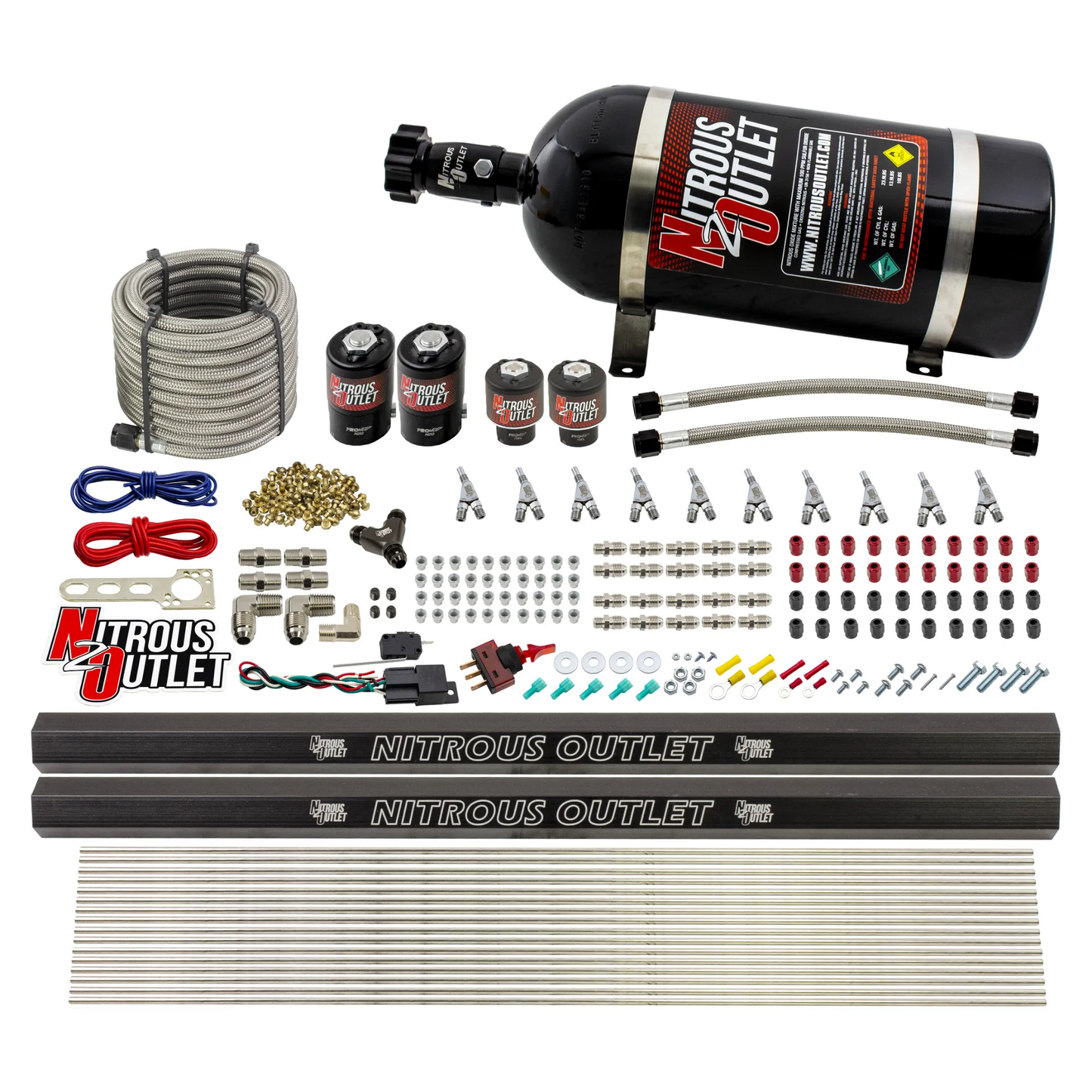 10 Cylinder Wet Direct Port System With Dual Injection Rails - Alcohol - Two .122" Nitrous/Two .177" Fuel - Straight Blow Through Aluminum Nozzles