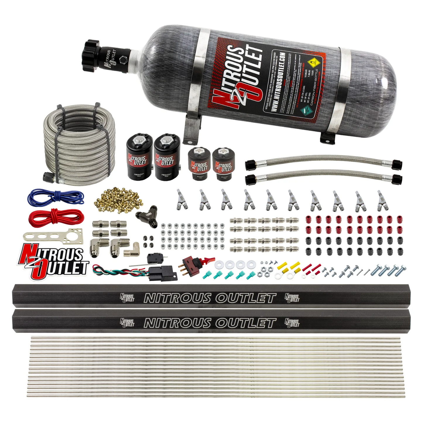 10 Cylinder Wet Direct Port System With Dual Injection Rails - Alcohol - Two .122" Nitrous/Two .177" Fuel - Straight Blow Through Aluminum Nozzles