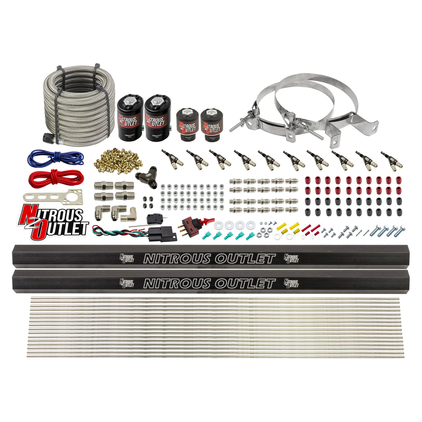 10 Cylinder Wet Direct Port System With Dual Injection Rails - E85 - Two .122" Nitrous/Two .177" Fuel - 90° Aluminum Nozzles