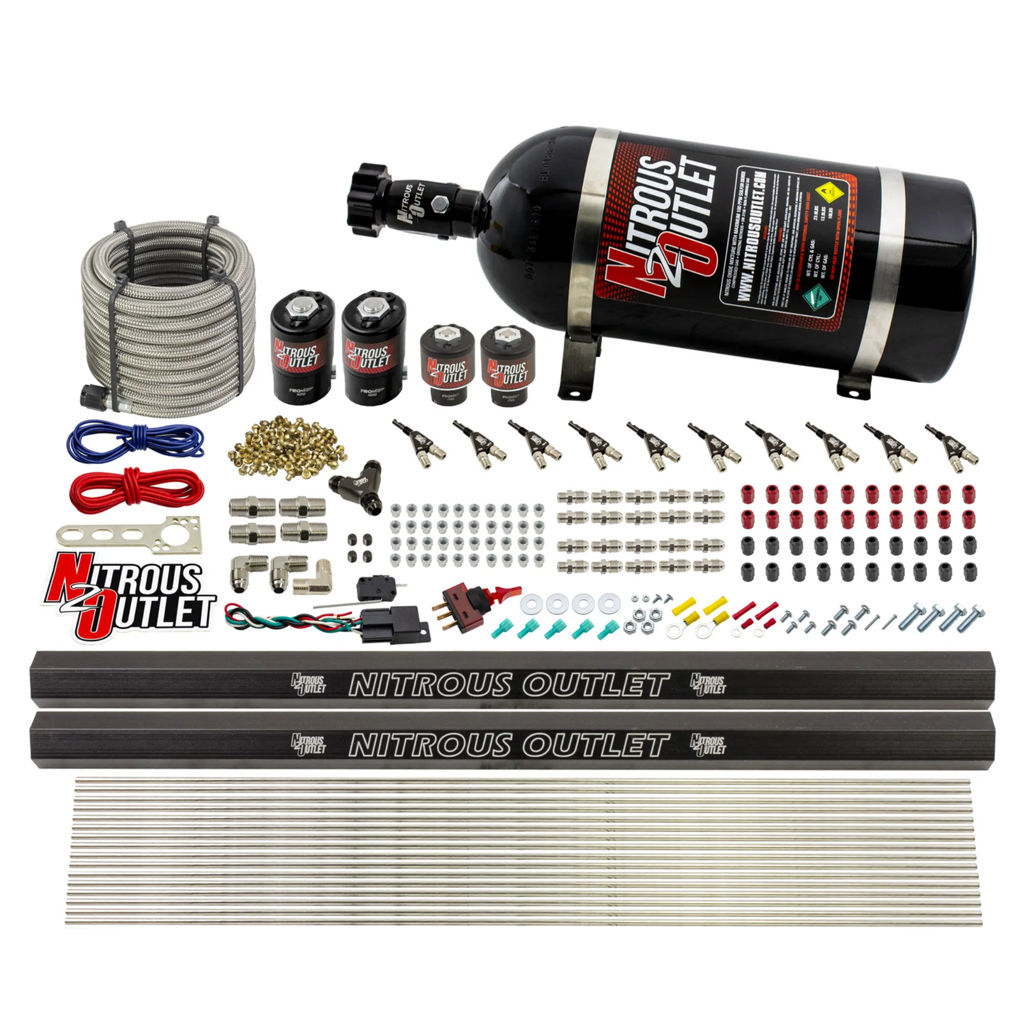10 Cylinder Wet Direct Port System With Dual Injection Rails - Gas - Two .122" Nitrous/Two .177" Fuel - 90° Aluminum Nozzles