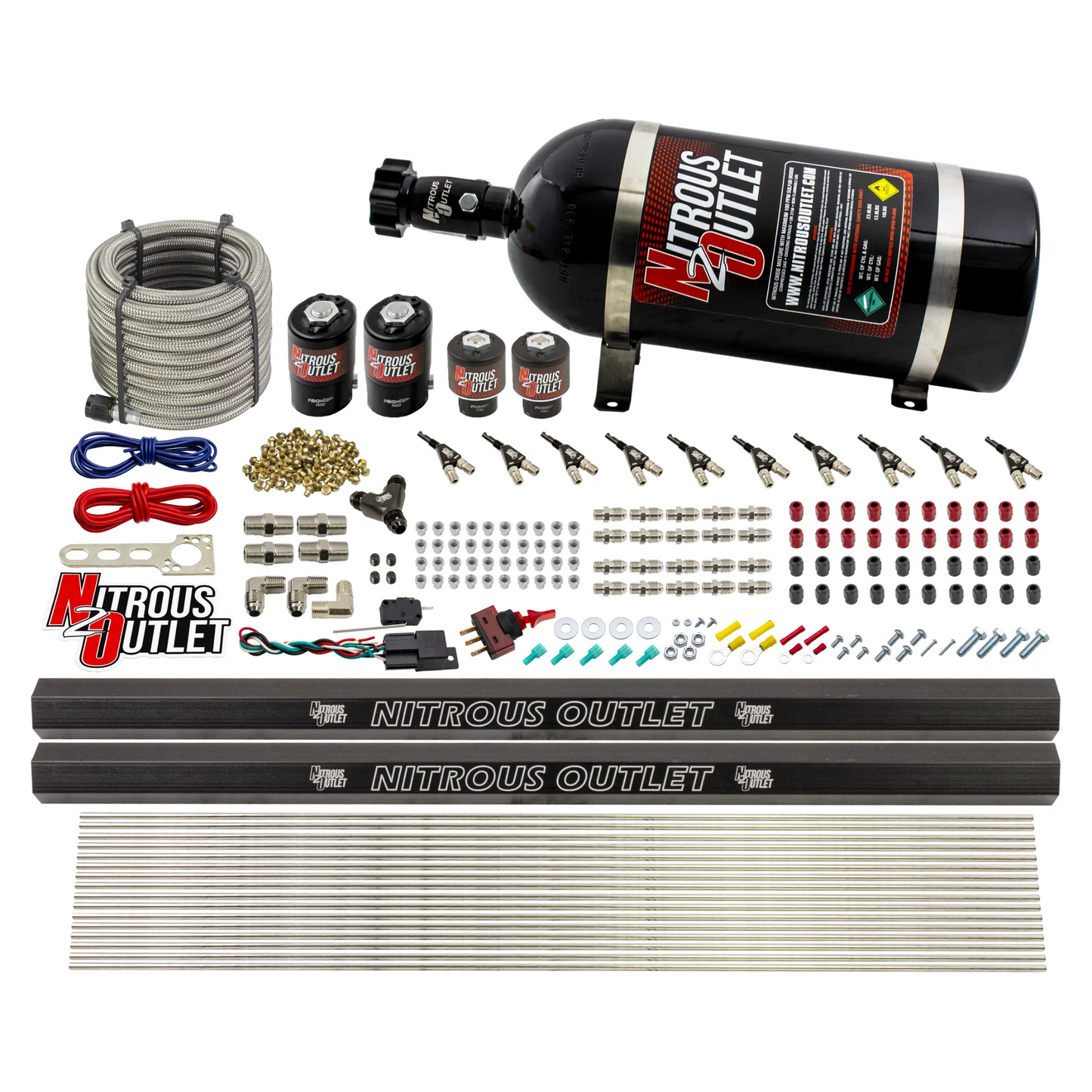 10 Cylinder Wet Direct Port System With Dual Injection Rails - E85 - Two .122" Nitrous/Two .177" Fuel - 90° Aluminum Nozzles