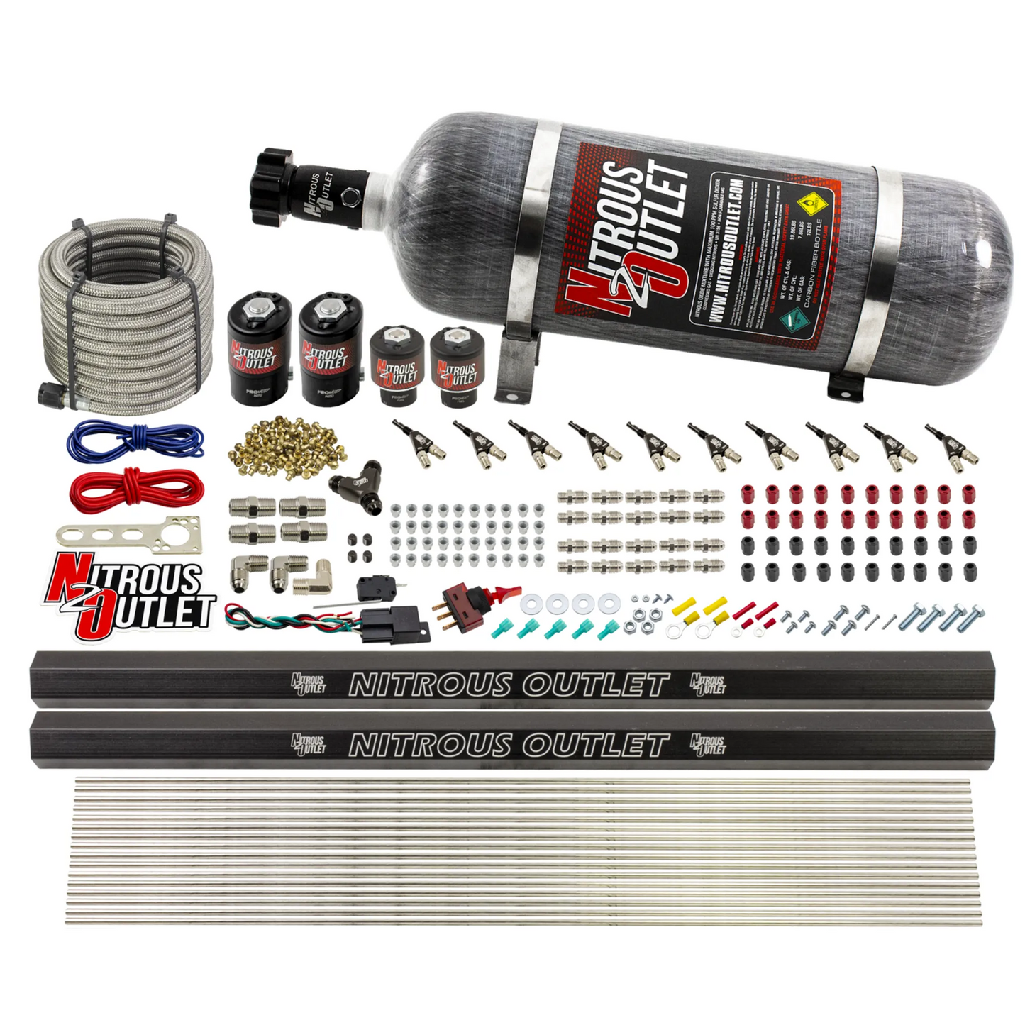 10 Cylinder Wet Direct Port System With Dual Injection Rails - Gas - Two .122" Nitrous/Two .177" Fuel - 90° Aluminum Nozzles