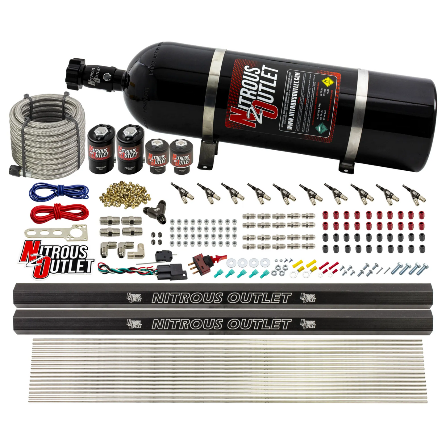 10 Cylinder Wet Direct Port System With Dual Injection Rails - Gas - Two .122" Nitrous/Two .177" Fuel - 90° Aluminum Nozzles