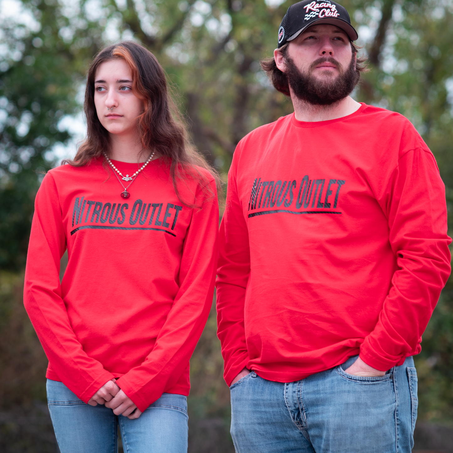 Nitrous Outlet Red Long Sleeve T-Shirt - Black Carbon Fiber Logo