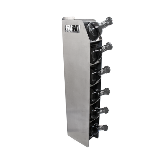 Silver rack with six bottles on a white background