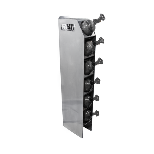 Metal rack with bottles on a white background
