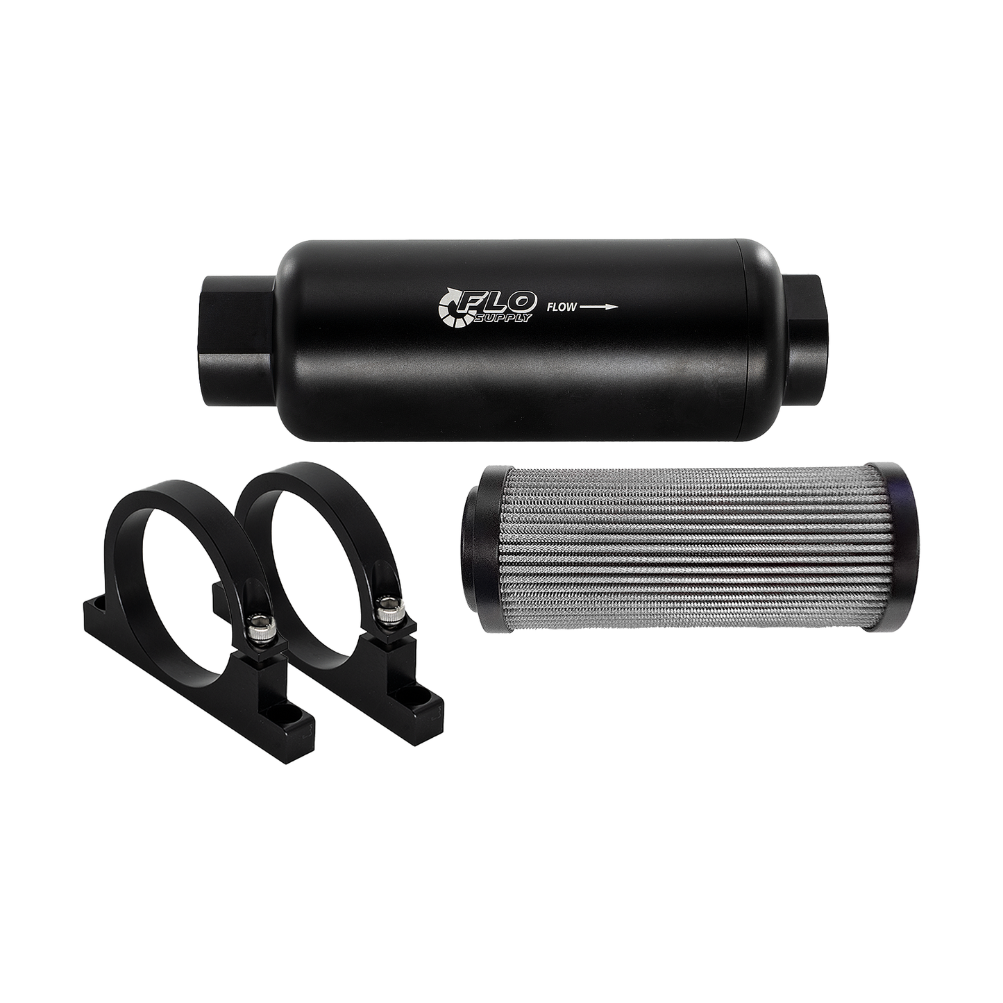 Set of automotive filters including a black housing, a silver filter, and two black clamps on a white background.