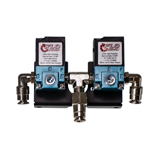 Two metal valves with FLO Supply branding on a white background