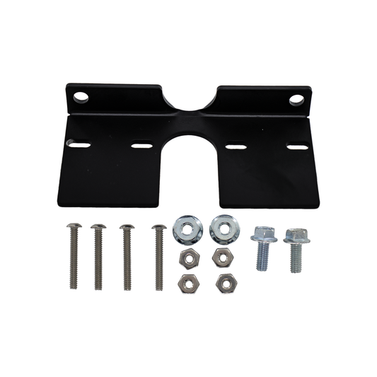 Black metal bracket with screws and nuts on a white background