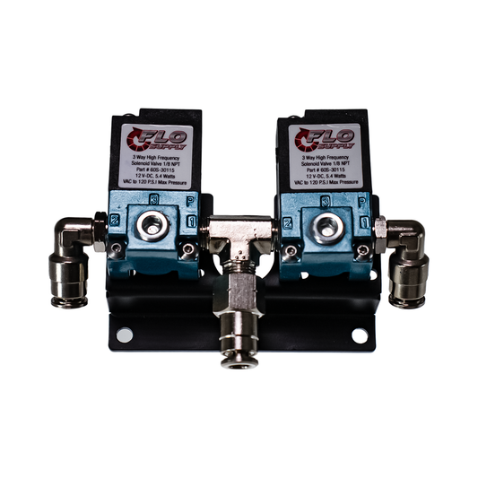 Two metal valves with FLO branding on a white background