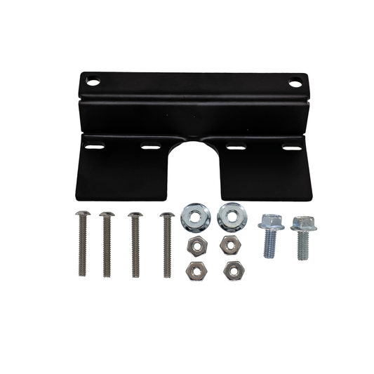 Black metal bracket with screws and nuts on a white background