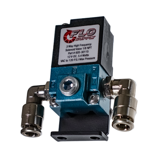 Three-way high frequency solenoid valve with FLO Supply branding on a white background