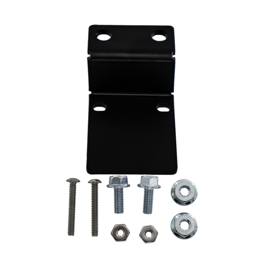 Black metal bracket with screws and washers on a white background