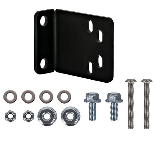Black metal bracket with screws and washers on a white background