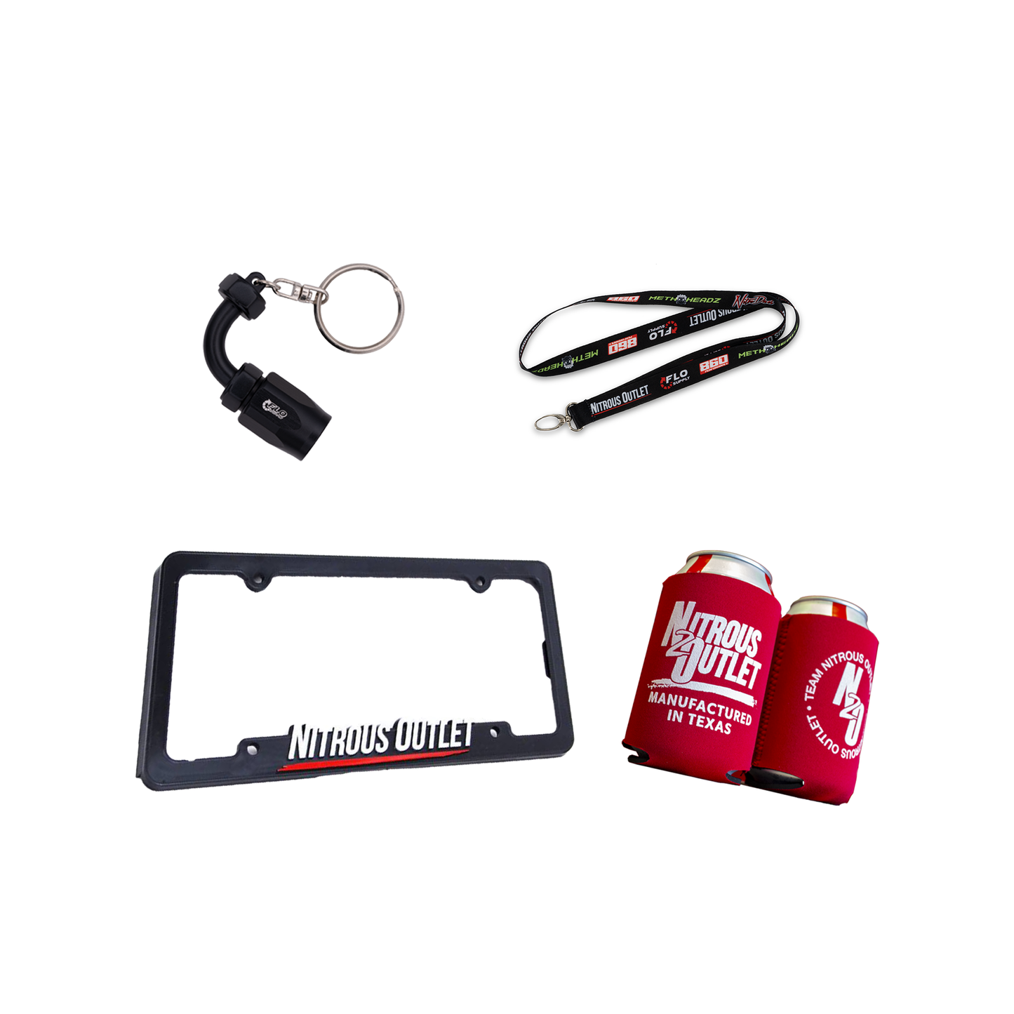 Collection of Nitrous Outlet branded items including a license plate frame, keychain, lanyard, and cans on a white background.