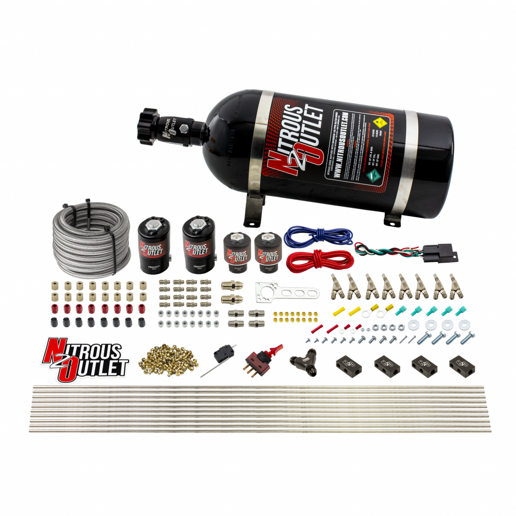 8 Cylinder Dual Stage Direct Port Nitrous System - .122 Nitrous/.177 Fuel Solenoids - Straight Blow Through Nozzles