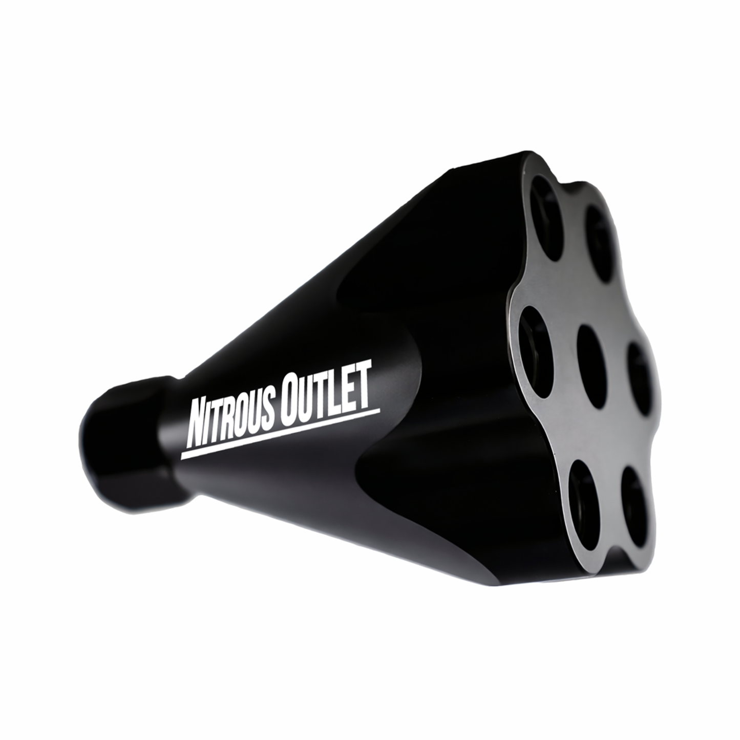Black nitrous oxide system component with 'Nitrous Outlet' branding on a white background