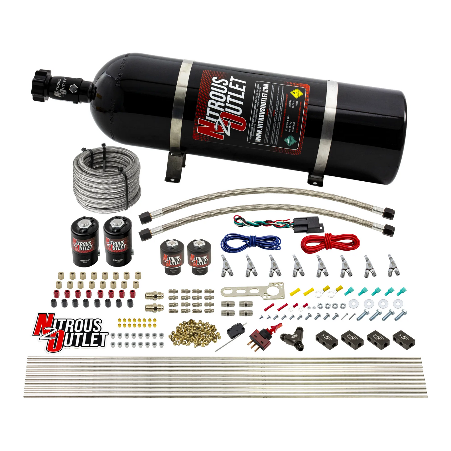 8 Cylinder Single Stage Direct Port Nitrous System - .122 Nitrous/.177 Fuel Solenoids - Alcohol - Straight Blow Through Nozzles