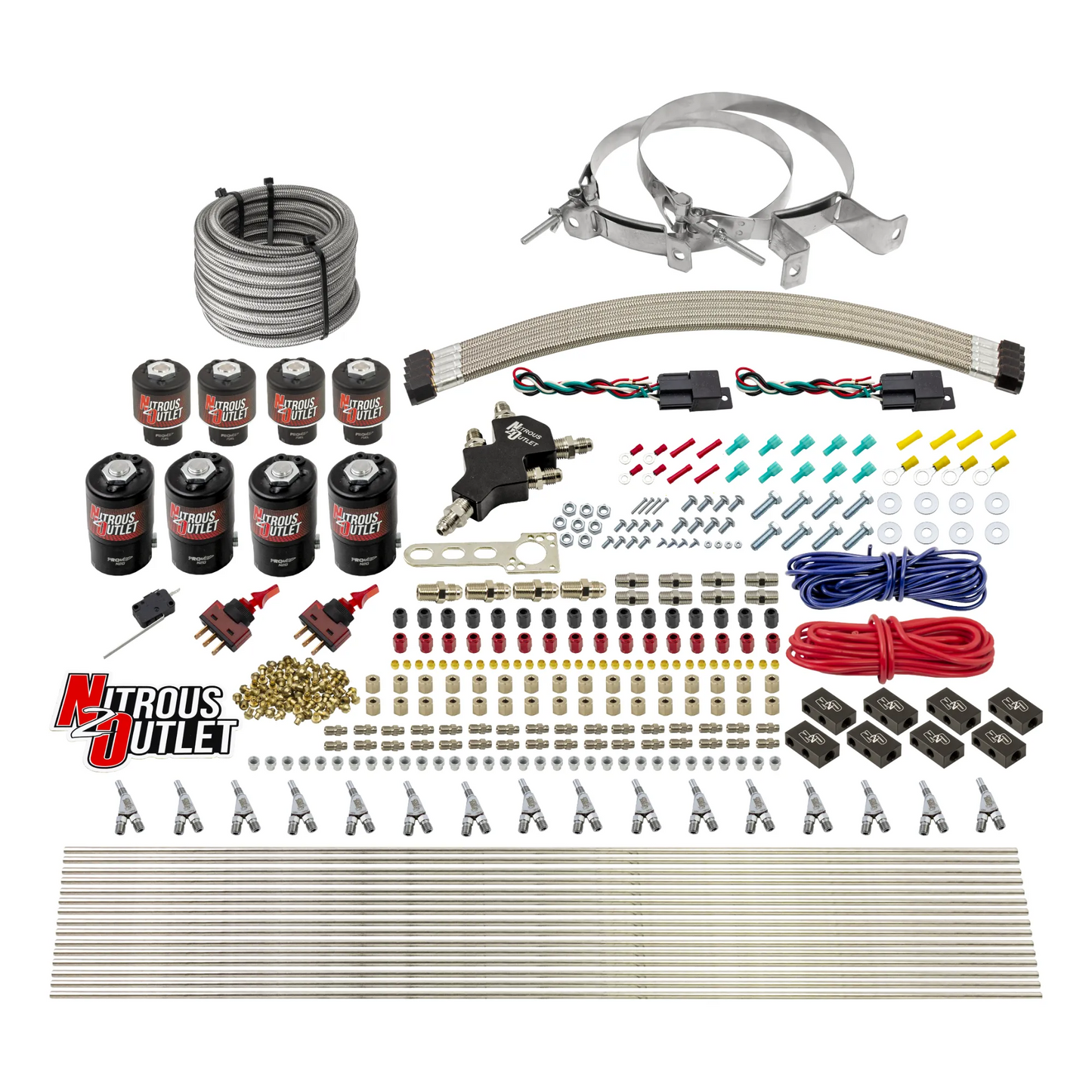 8 Cylinder Dual Stage Direct Port Nitrous System - .122 Nitrous/.177 Fuel Solenoids - Alcohol - Straight Blow Through Nozzles