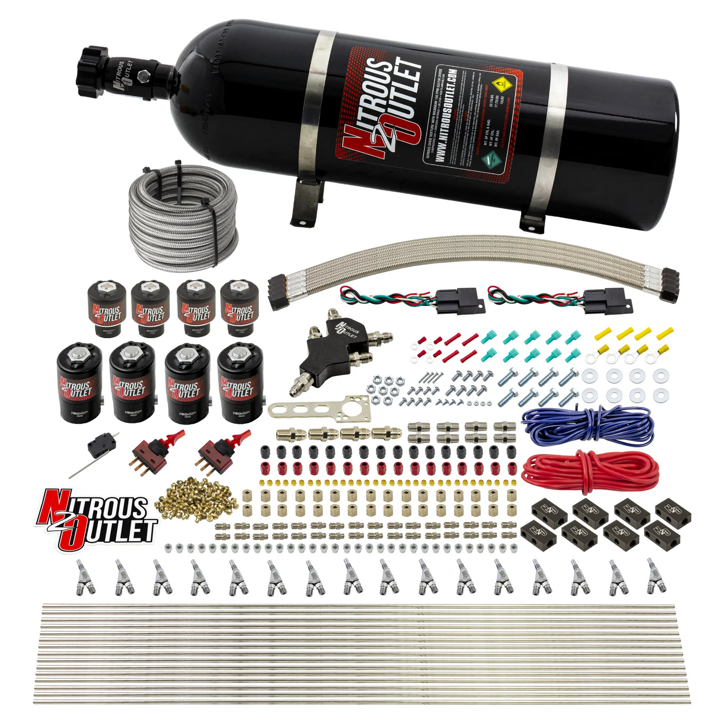 8 Cylinder Dual Stage Direct Port Nitrous System - .122 Nitrous/.177 Fuel Solenoids - Alcohol - Straight Blow Through Nozzles