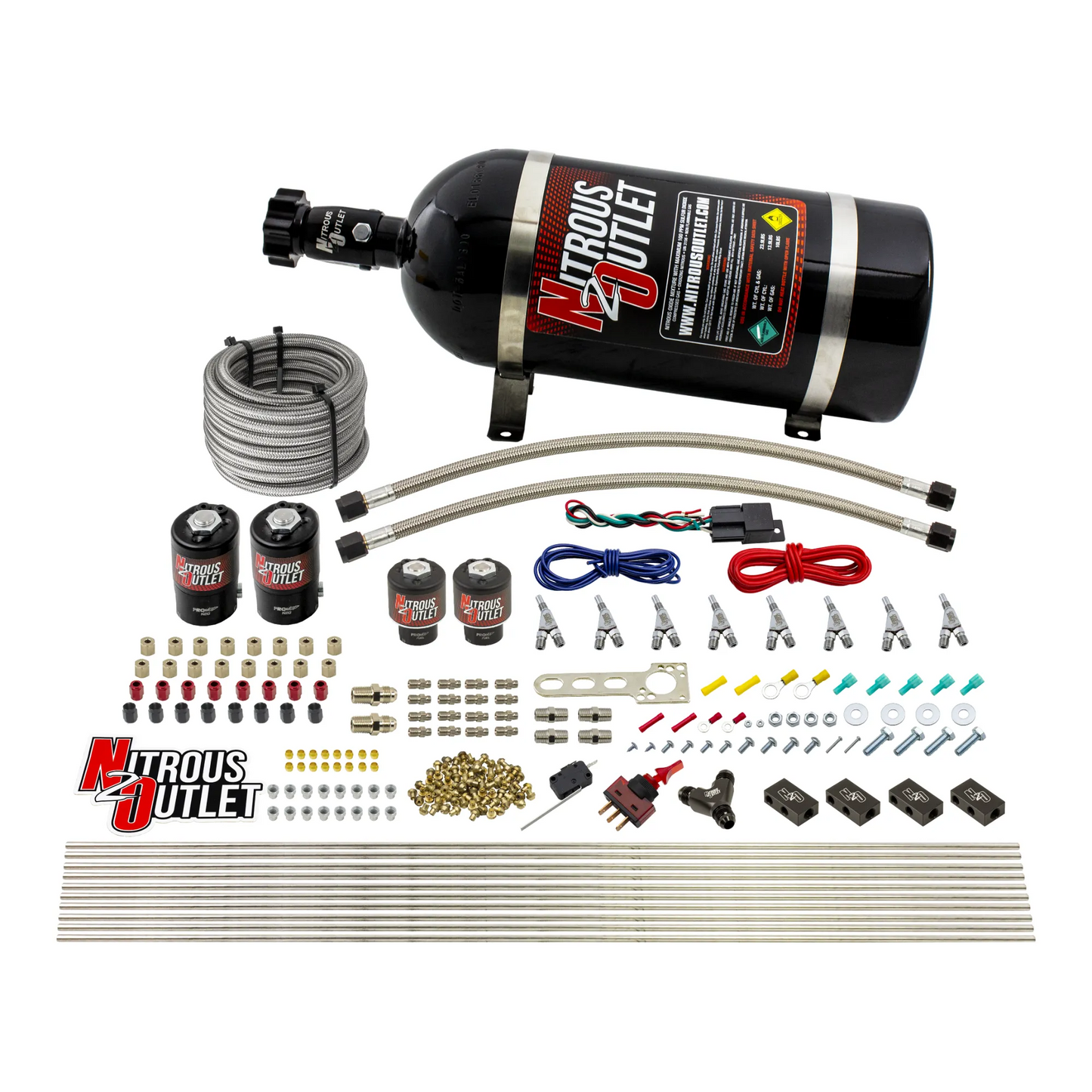 8 Cylinder Single Stage Direct Port Nitrous System - .112 Nitrous/.177 Fuel Solenoids - Alcohol - Straight Blow Through Nozzles