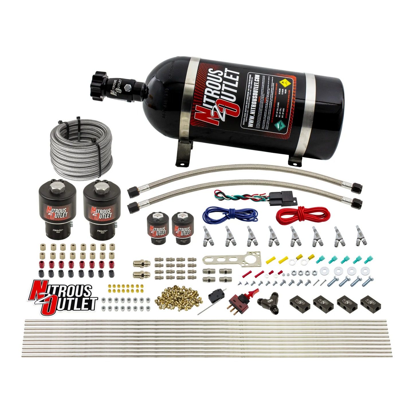 8 Cylinder Single Stage Direct Port Nitrous System - .178 Nitrous/.177 Fuel Solenoids - Alcohol - Straight Blow Through Nozzles