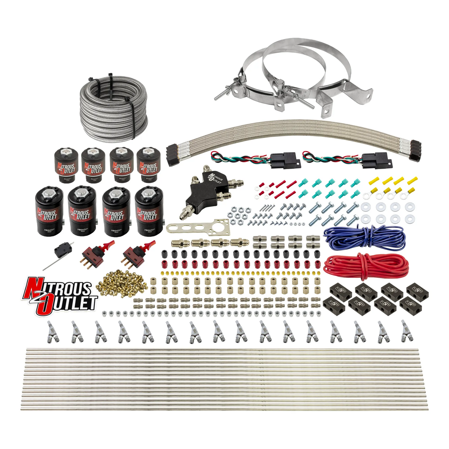 8 Cylinder Dual Stage Direct Port Nitrous System - .112 Nitrous/.177 Fuel Solenoids - E85 - Straight Blow Through Nozzles