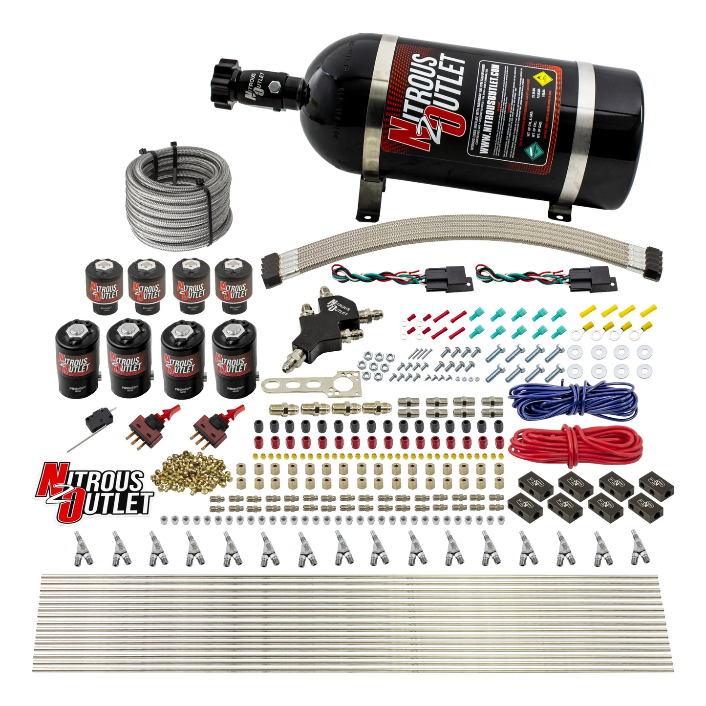 8 Cylinder Dual Stage Direct Port Nitrous System - .112 Nitrous/.177 Fuel Solenoids - E85 - Straight Blow Through Nozzles