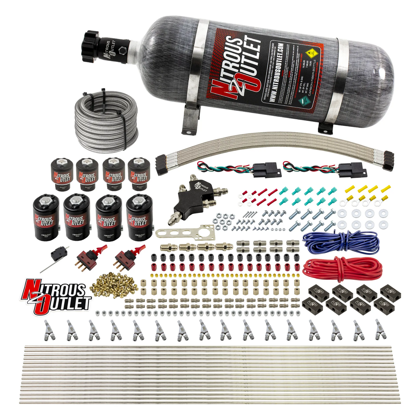 8 Cylinder Dual Stage Direct Port Nitrous System - .112 Nitrous/.177 Fuel Solenoids - E85 - Straight Blow Through Nozzles