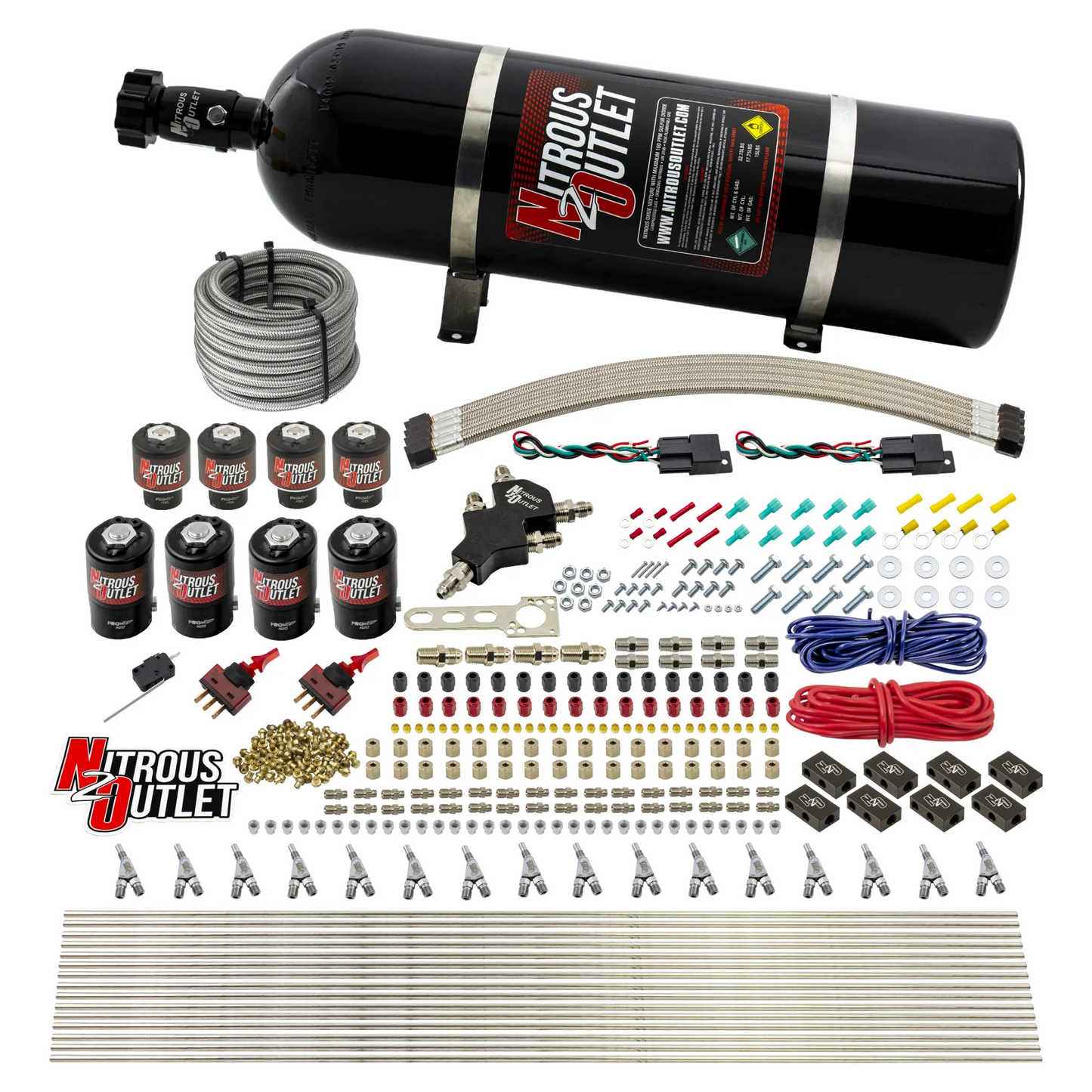 8 Cylinder Dual Stage Direct Port Nitrous System - .112 Nitrous/.177 Fuel Solenoids - E85 - Straight Blow Through Nozzles