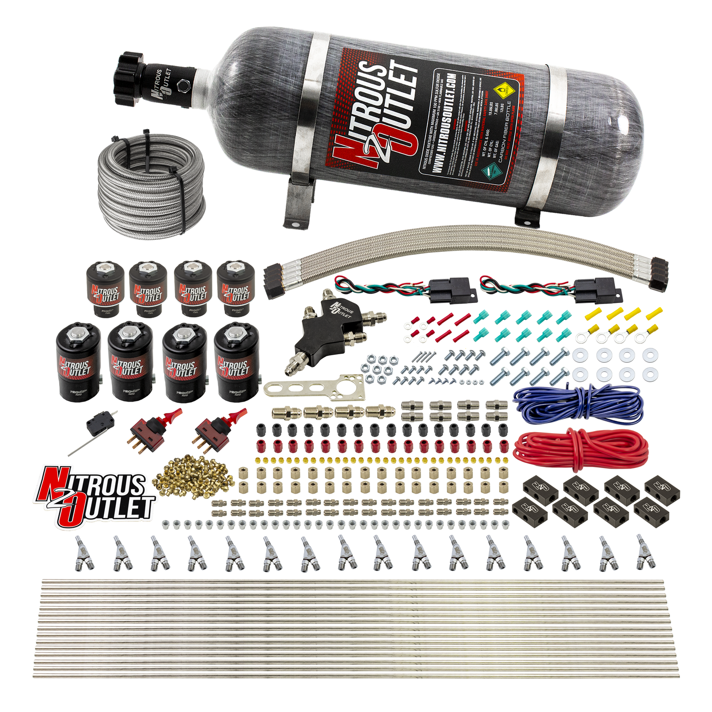 8 Cylinder Dual Stage Direct Port Nitrous System - .122 Nitrous/.177 Fuel Solenoids - Straight Blow Through Nozzles