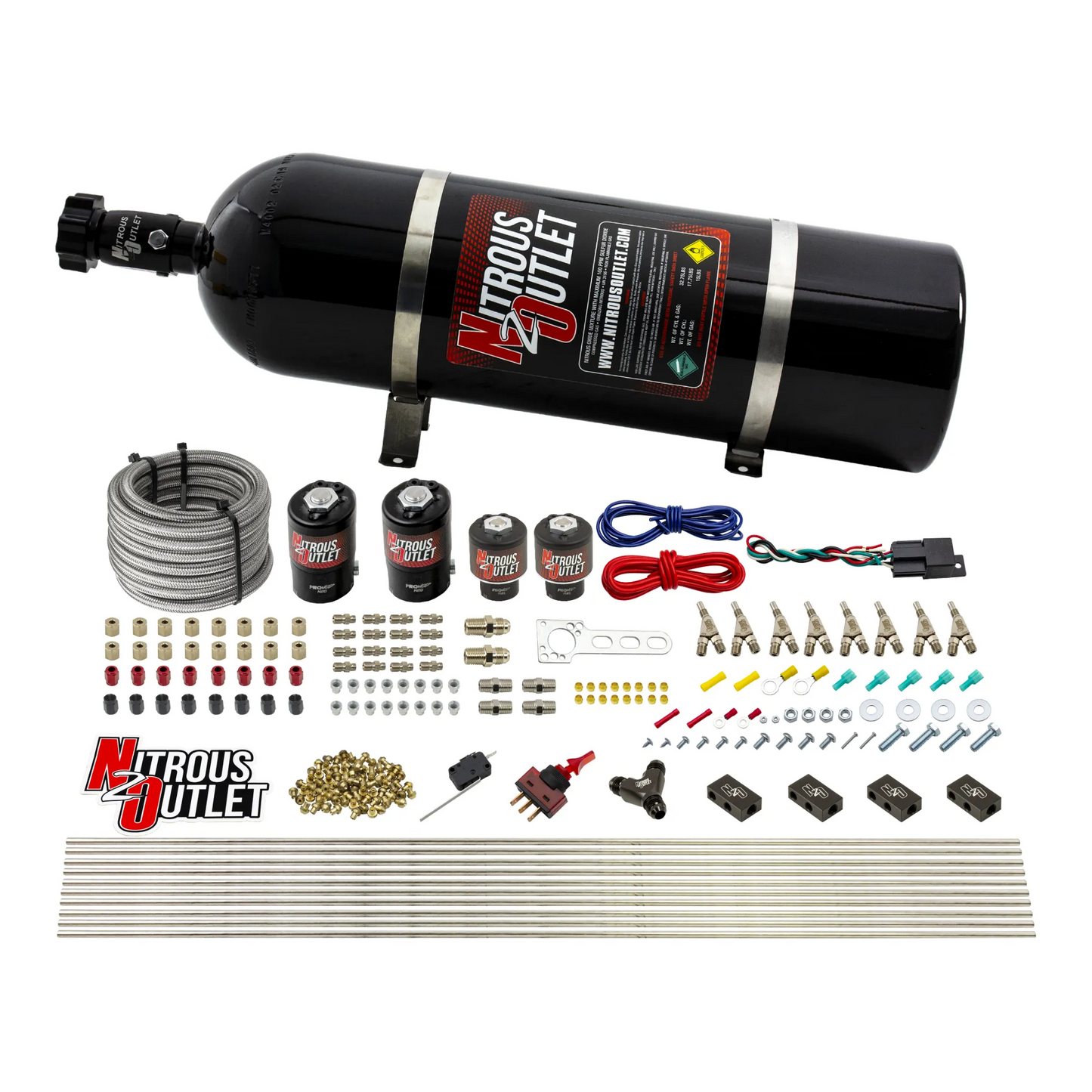 8 Cylinder Dual Stage Direct Port Nitrous System - .122 Nitrous/.177 Fuel Solenoids - Straight Blow Through Nozzles