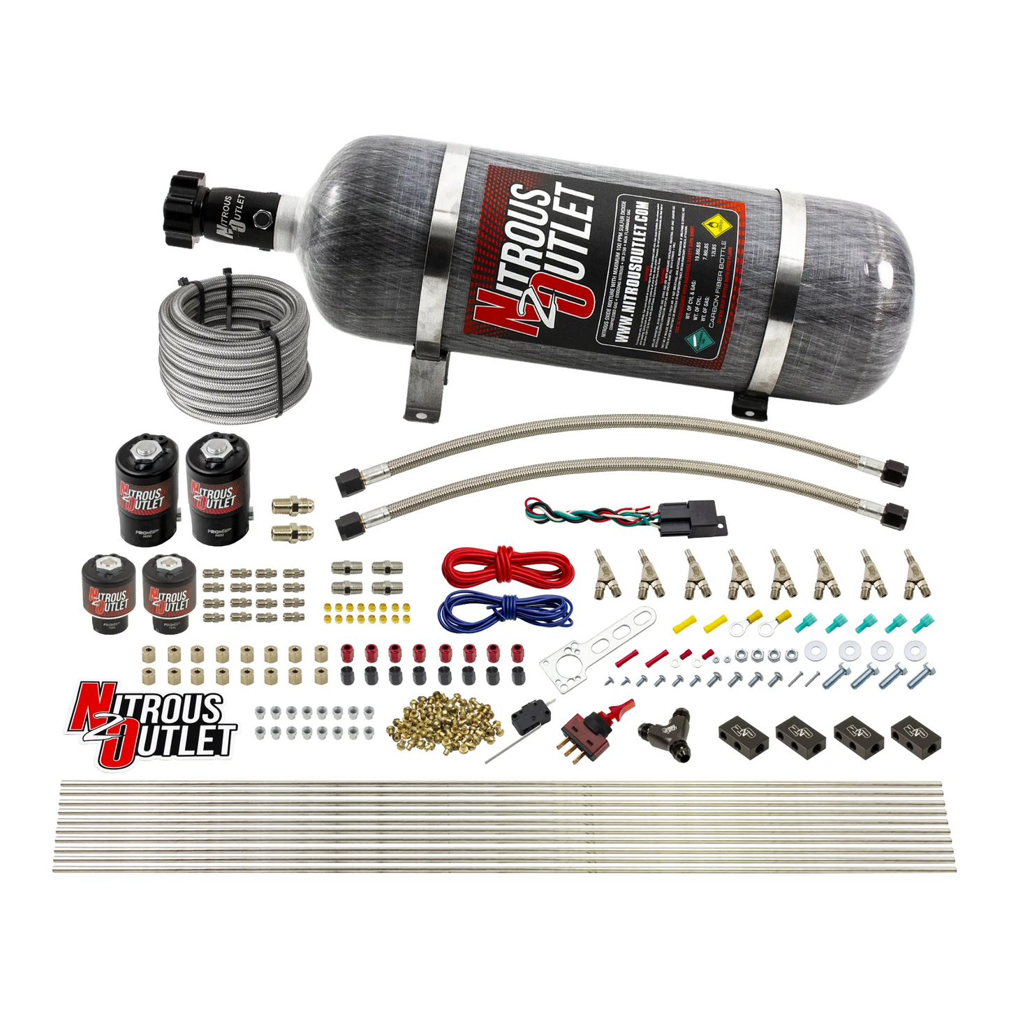 8 Cylinder Single Stage Direct Port Nitrous System - .122 Nitrous/.177 Fuel Solenoids - Straight Blow Through Nozzles
