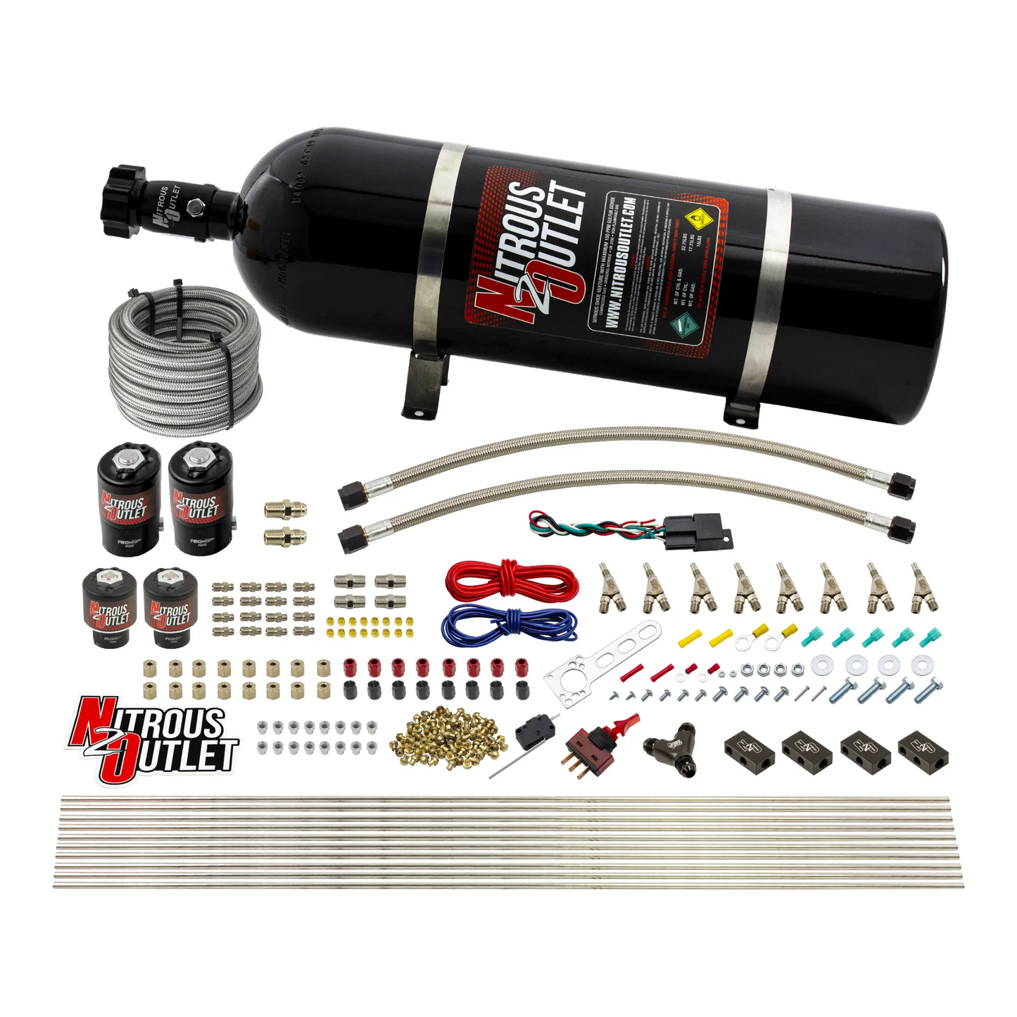 8 Cylinder Single Stage Direct Port Nitrous System - .122 Nitrous/.177 Fuel Solenoids - Straight Blow Through Nozzles