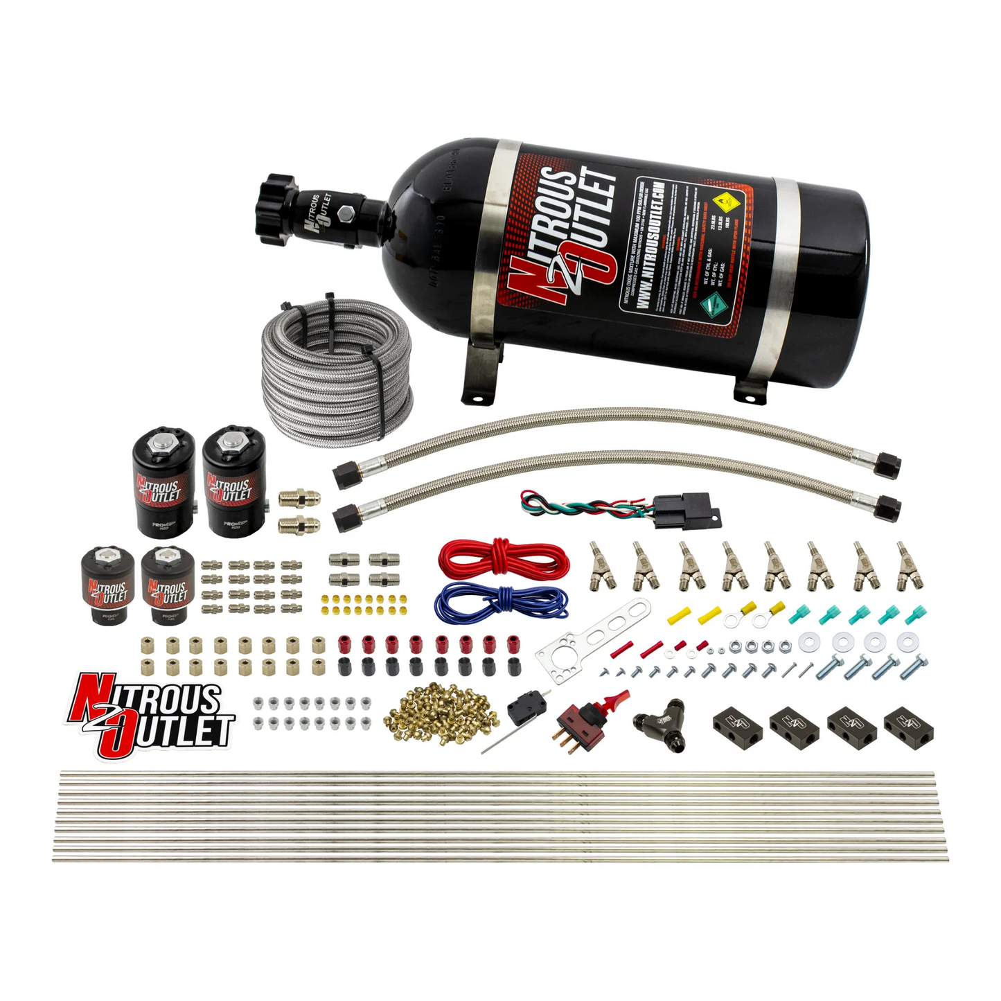8 Cylinder Single Stage Direct Port Nitrous System - .112 Nitrous/.177 Fuel Solenoids - Straight Blow Through Nozzles