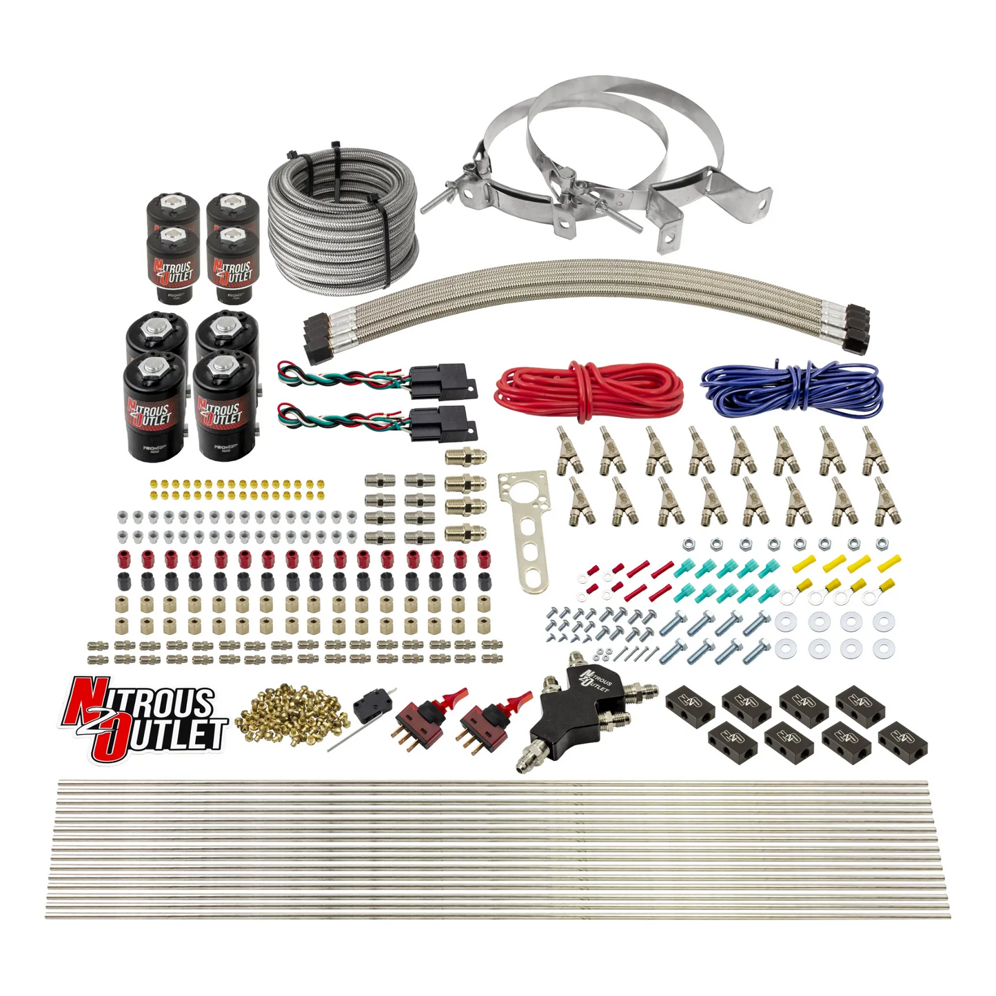 8 Cylinder Dual Stage Direct Port Nitrous System - .112 Nitrous/.177 Fuel Solenoids - Straight Blow Through Nozzles