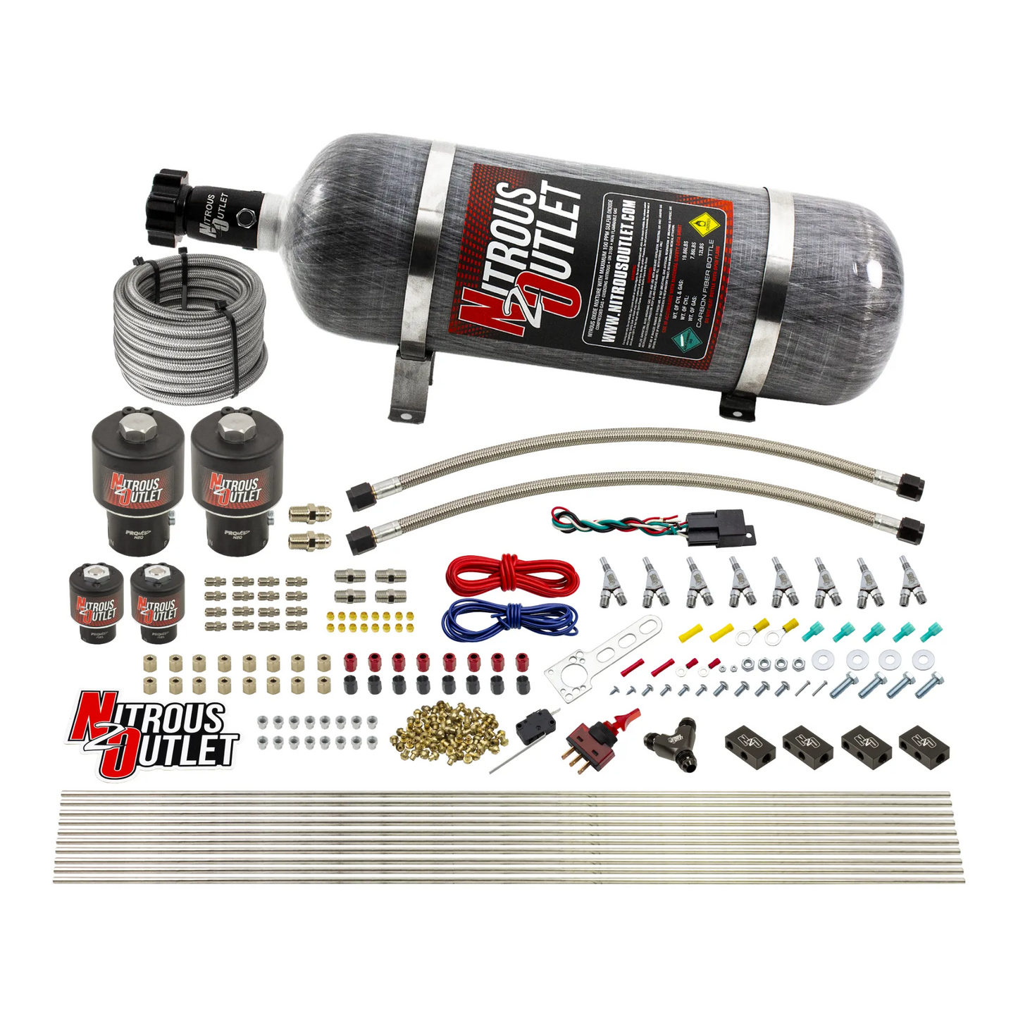 8 Cylinder Single Stage Direct Port Nitrous System - .178 Nitrous/.177 Fuel Solenoids - Straight Blow Through Nozzles