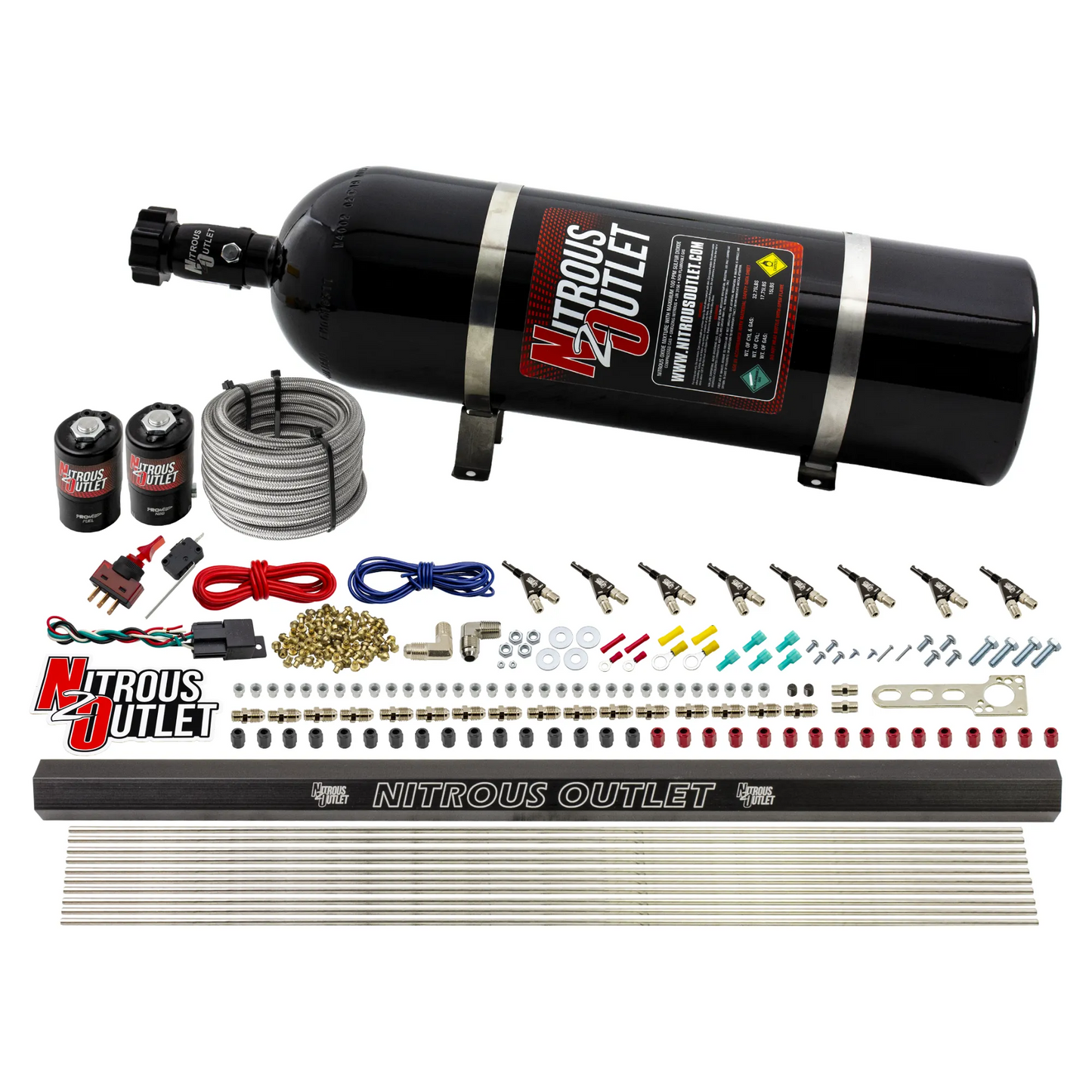 8 Cylinder Direct Port System With Single Injection Rail - .122 Nitrous/.310 Fuel - 90° Discharge Nozzles - 45-55 PSI - Gas