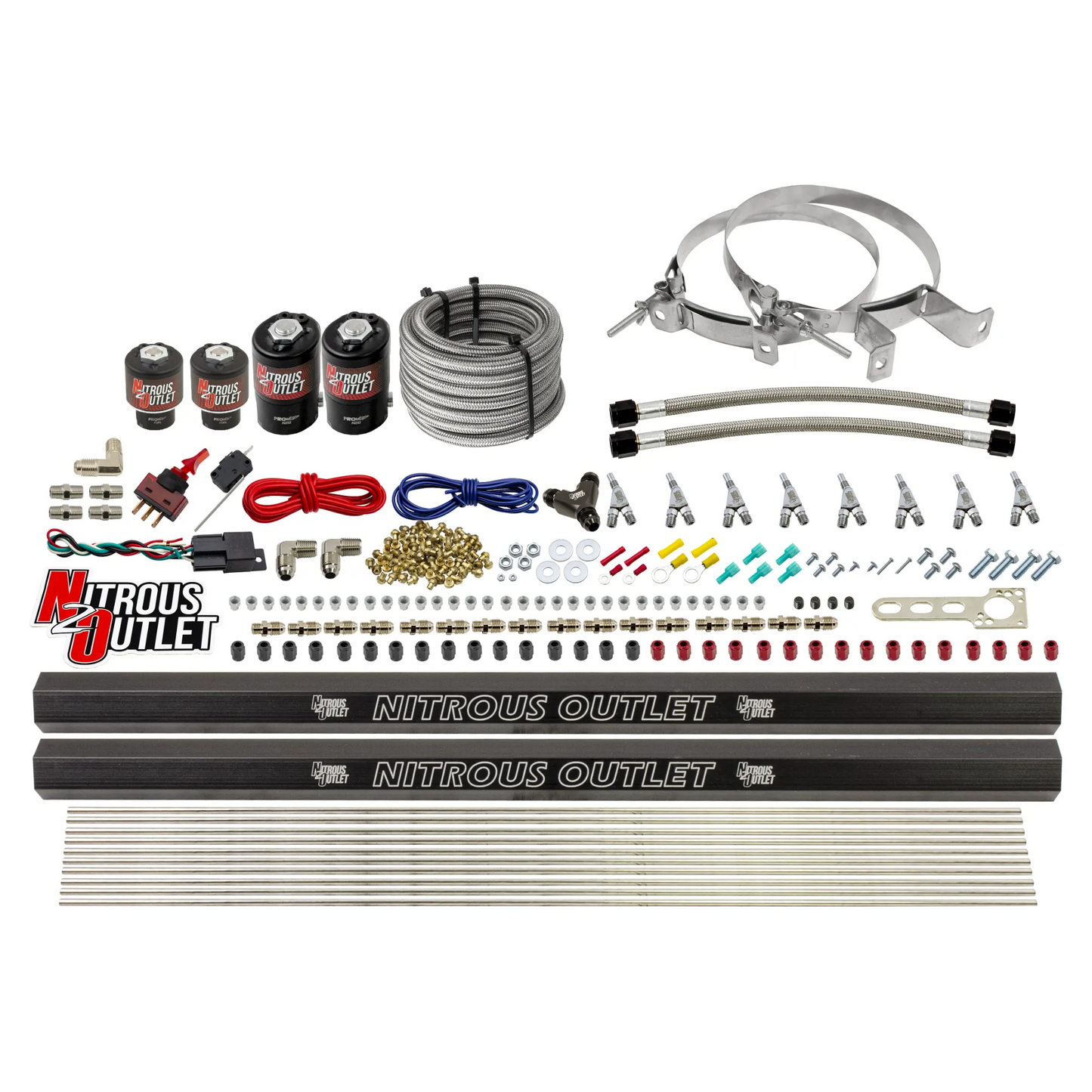 8 Cylinder Single Stage Direct Port Nitrous System with Injection Rails - Alcohol - .122 Nitrous/.177 Fuel - Straight Blow Through Nozzles