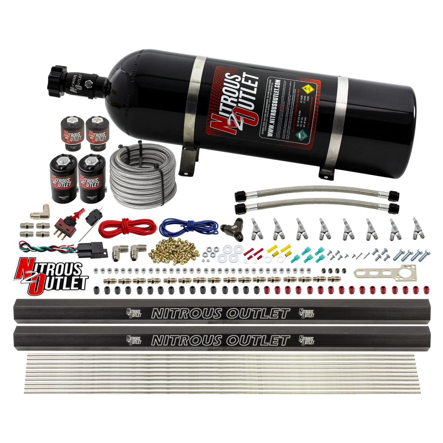 8 Cylinder Single Stage Direct Port Nitrous System with Injection Rails - Alcohol - .122 Nitrous/.177 Fuel - Straight Blow Through Nozzles