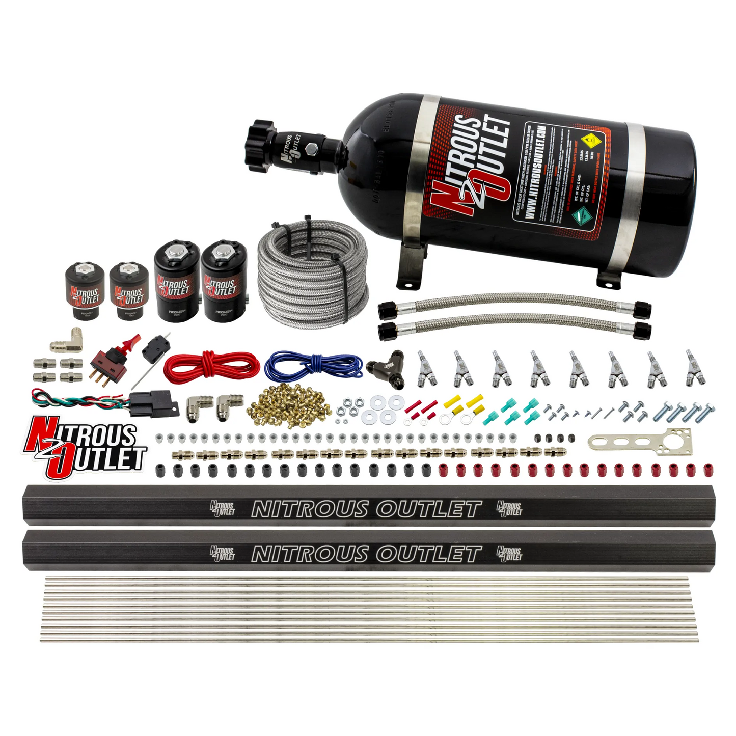 8 Cylinder Single Stage Direct Port Nitrous System with Injection Rails - E85 - .122 Nitrous/.177 Fuel - Straight Blow Through Nozzles
