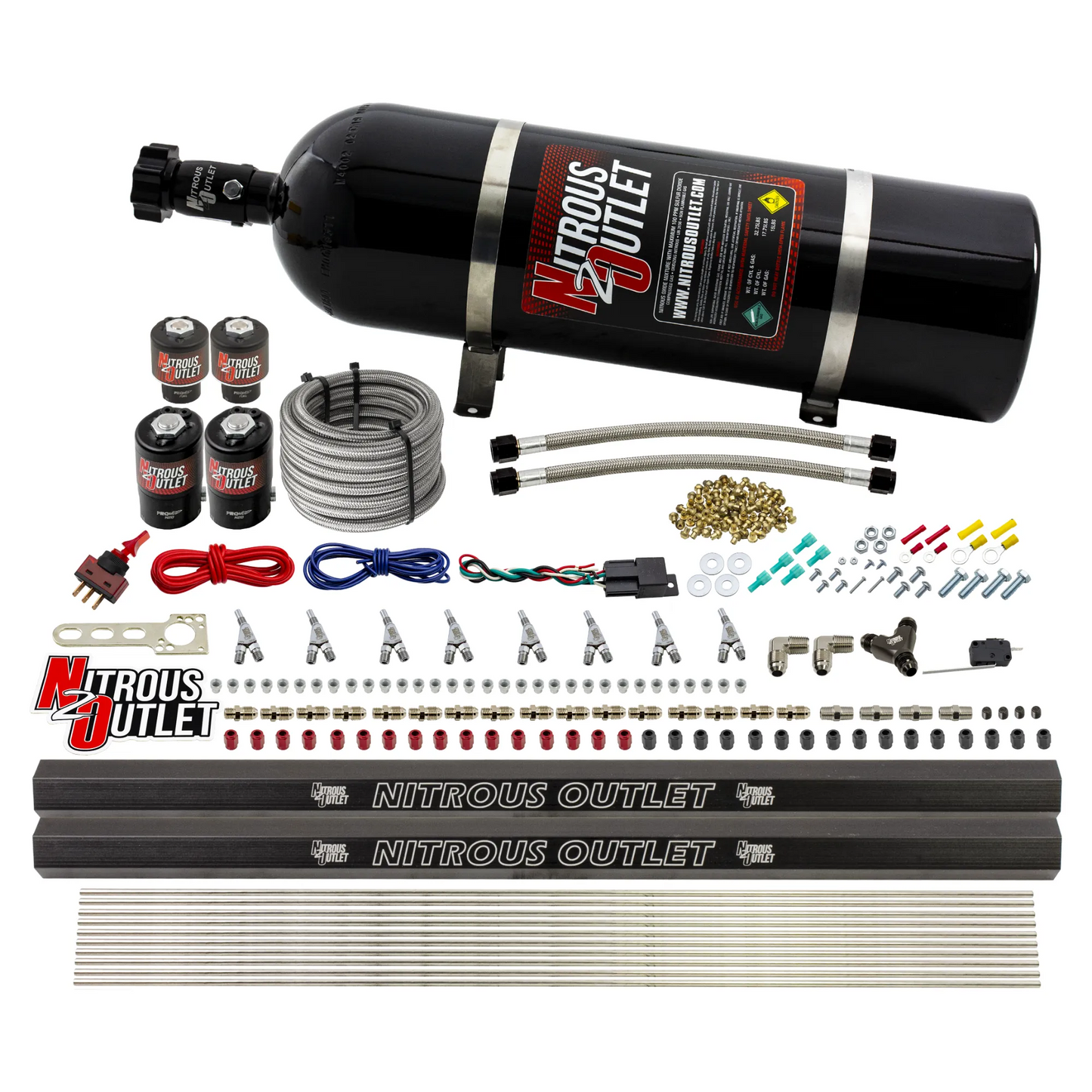 8 Cylinder Single Stage Direct Port Nitrous System with Injection Rails - E85 - .122 Nitrous/.177 Fuel - 45-55 PSI - Straight Blow Through Nozzles