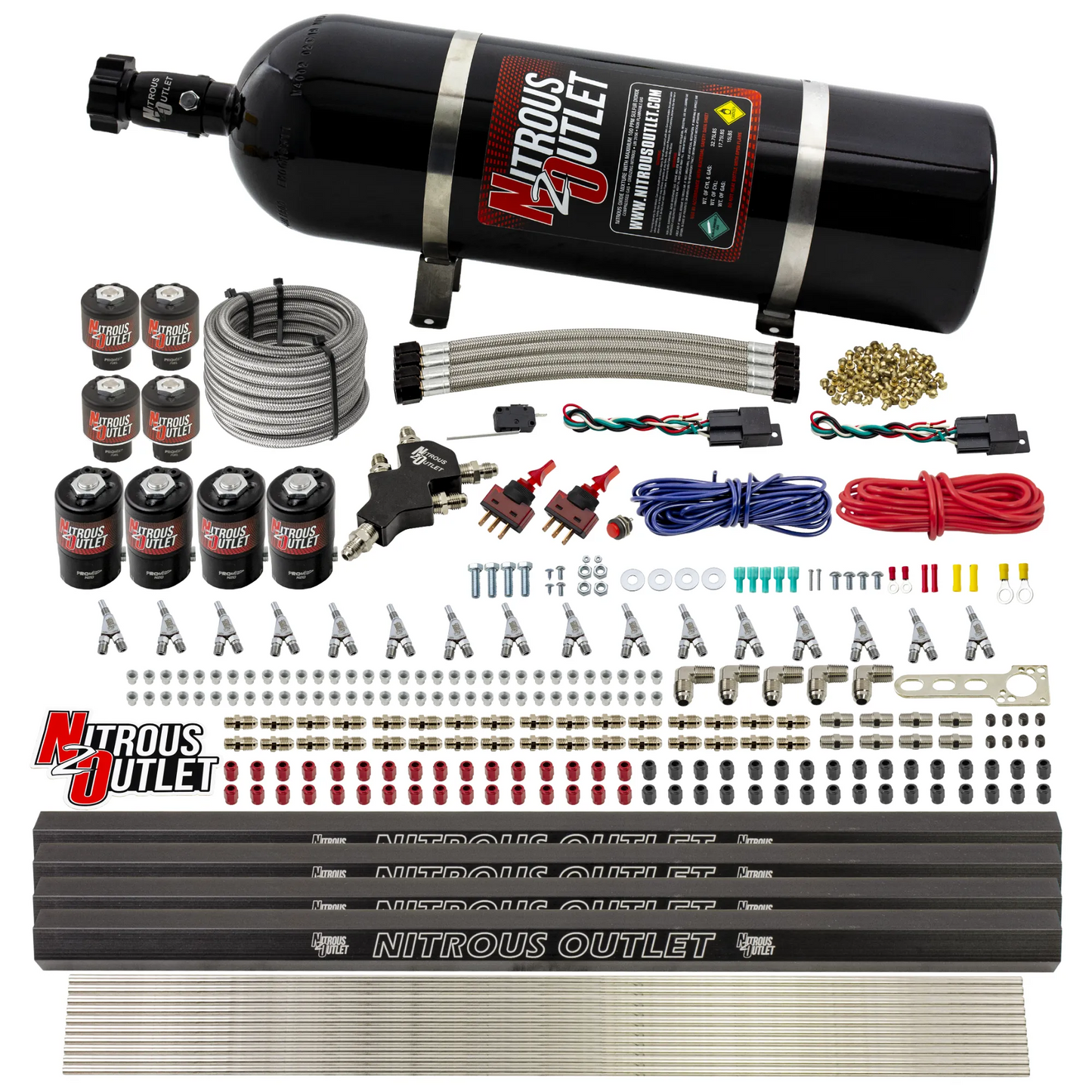 8 Cylinder Dual Stage Direct Port Nitrous System with Injection Rails - E85 - .112 Nitrous/.177 Fuel - 45-55 PSI - Straight Blow Through Nozzles