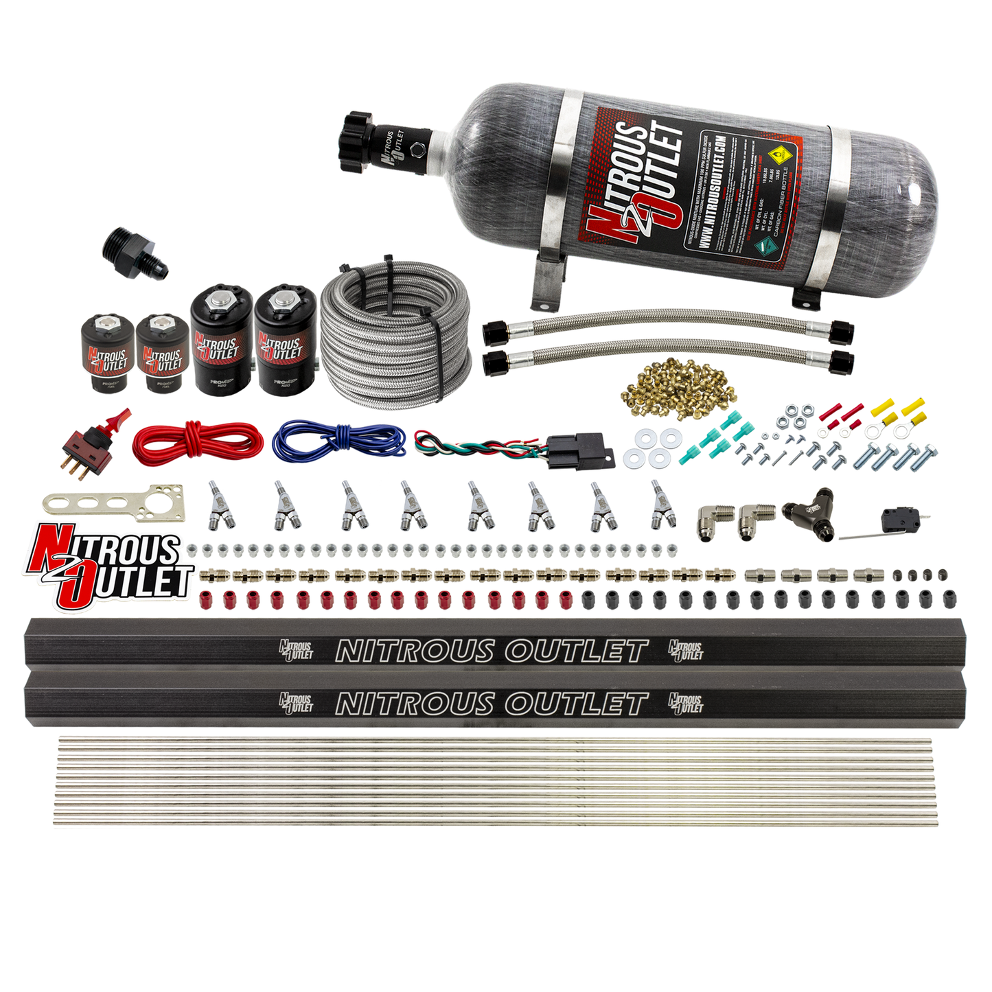 8 Cylinder Single Stage Direct Port Nitrous System with Injection Rails - Gas - .112 Nitrous/.177 Fuel - 45-55 PSI - Straight Blow Through Nozzles